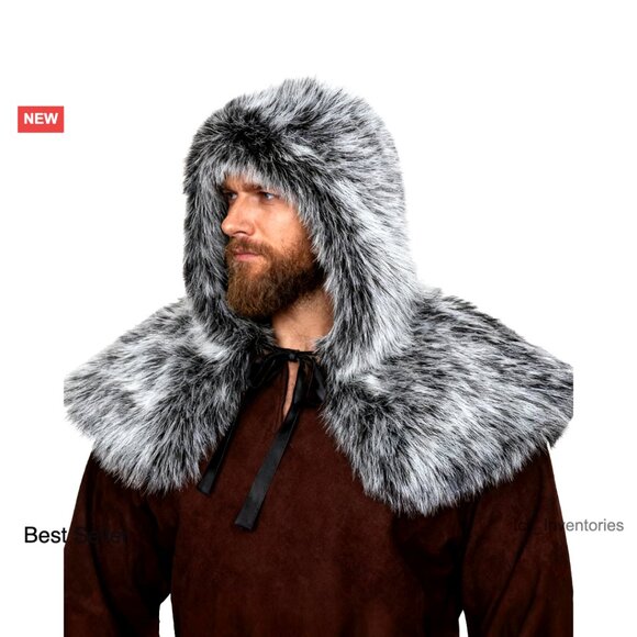 Viking Faux Fur Hooded Hat Collar Wrap Medieval Warrior Costume Accessory